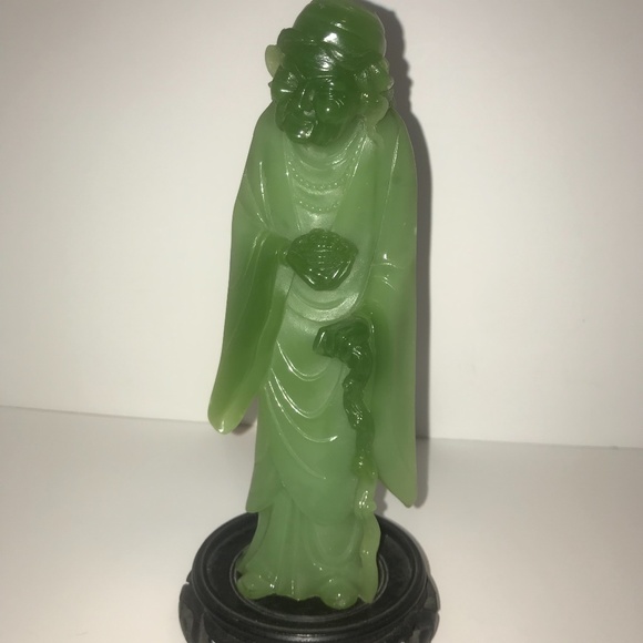 Asian Carved Green Stone Elderly Woman on base Signed